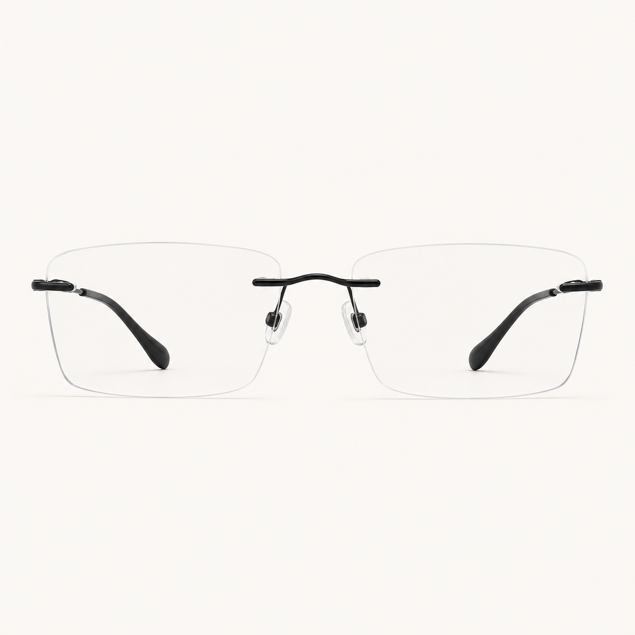 Black pure titanium rimless slim rectangular eyeglasses, straight-on product view