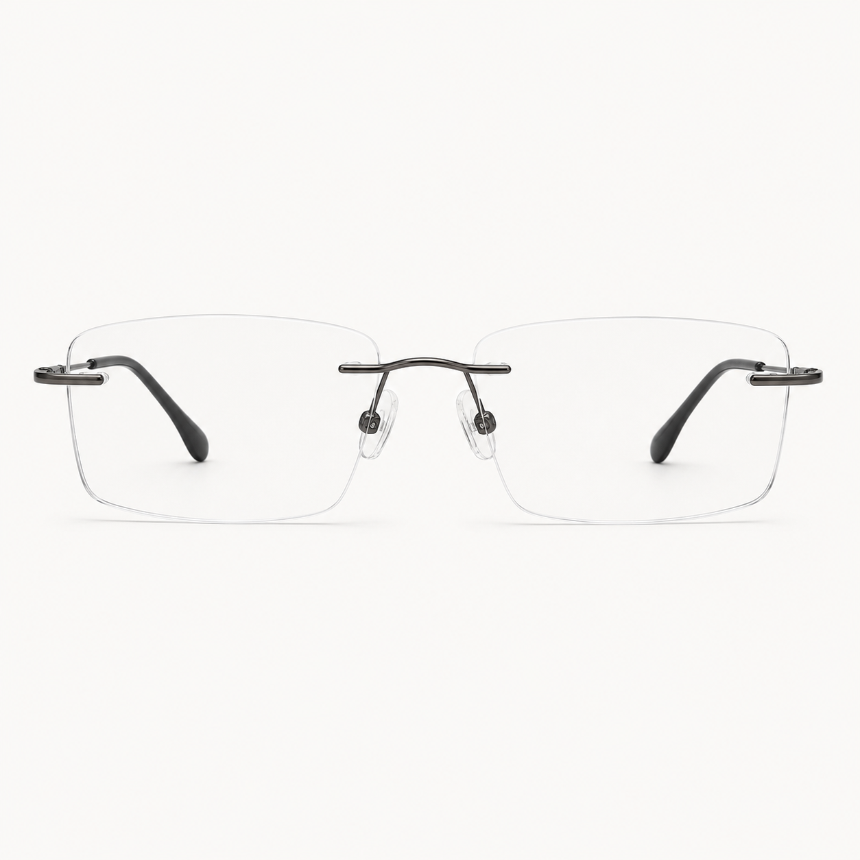 Gunmetal pure titanium rimless slim rectangular eyeglasses, straight-on product view