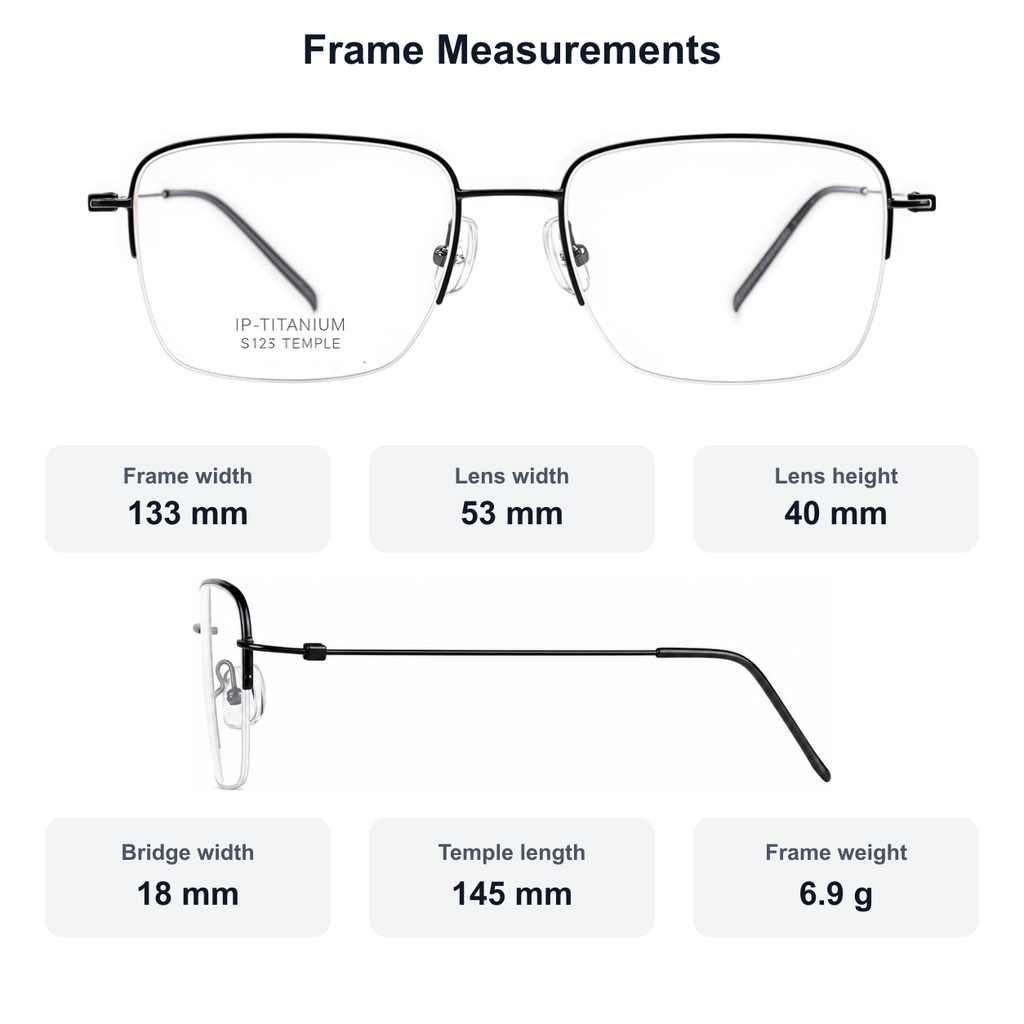 Men's pure titanium semi-rimless glasses measurement guide: 133 mm frame, 53 mm lens, 6.9 g weight