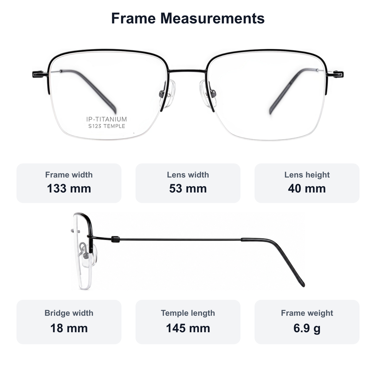 Men's pure titanium semi-rimless glasses measurement guide: 133 mm frame, 53 mm lens, 6.9 g weight
