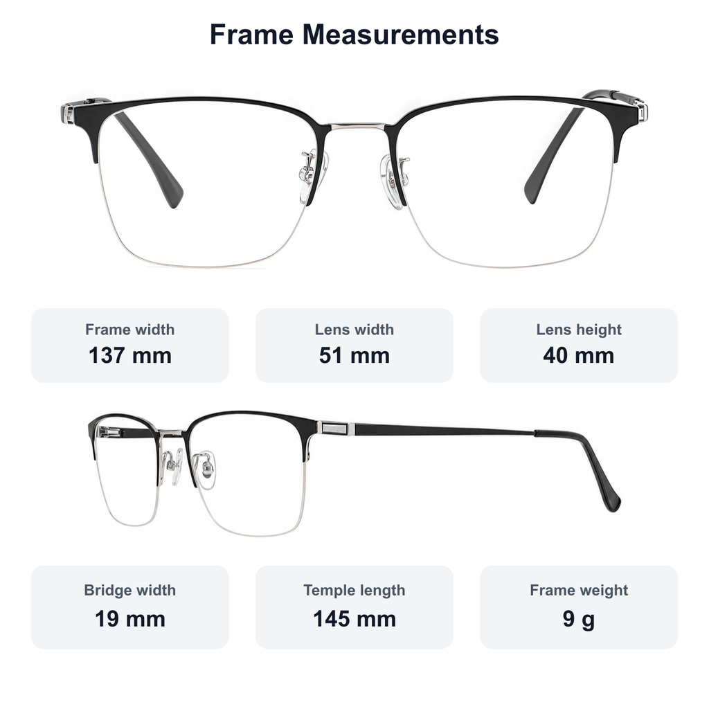 Men's pure titanium semi-rimless glasses measurement guide: 137 mm frame, 51 mm lens, 9 g weight