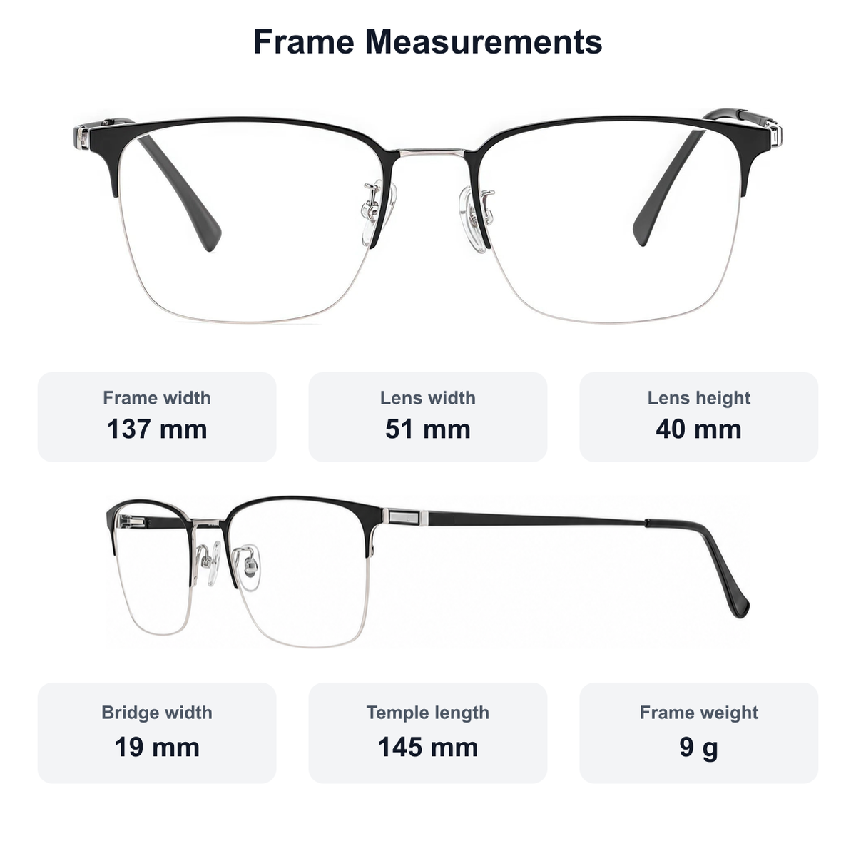 Men's pure titanium semi-rimless glasses measurement guide: 137 mm frame, 51 mm lens, 9 g weight