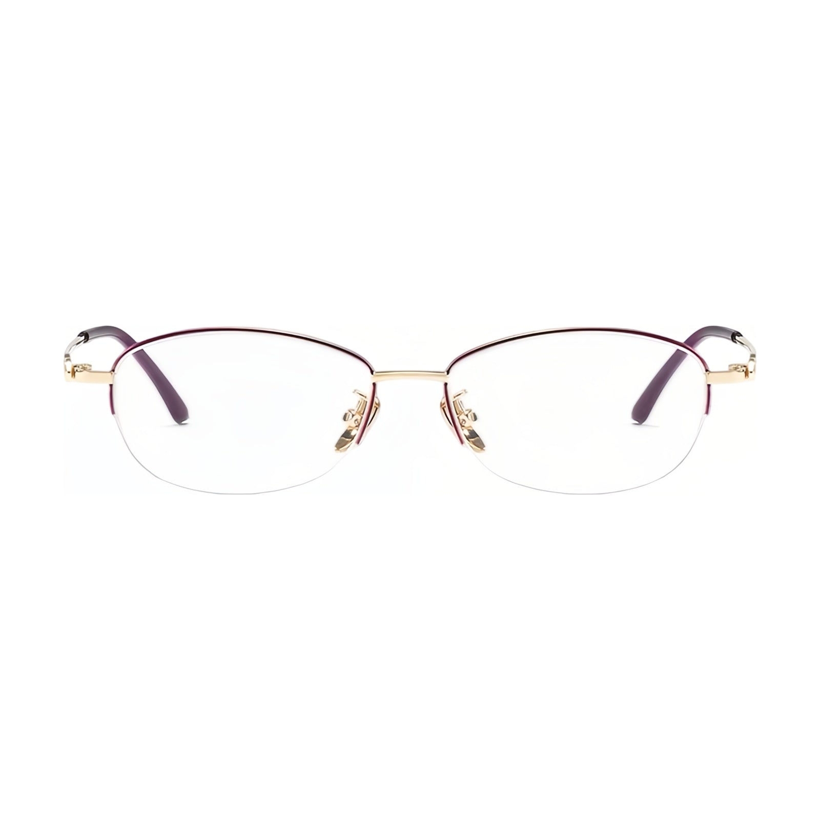 Purple/Gold elegant alloy semi-rimless eyeglass frame, front product view