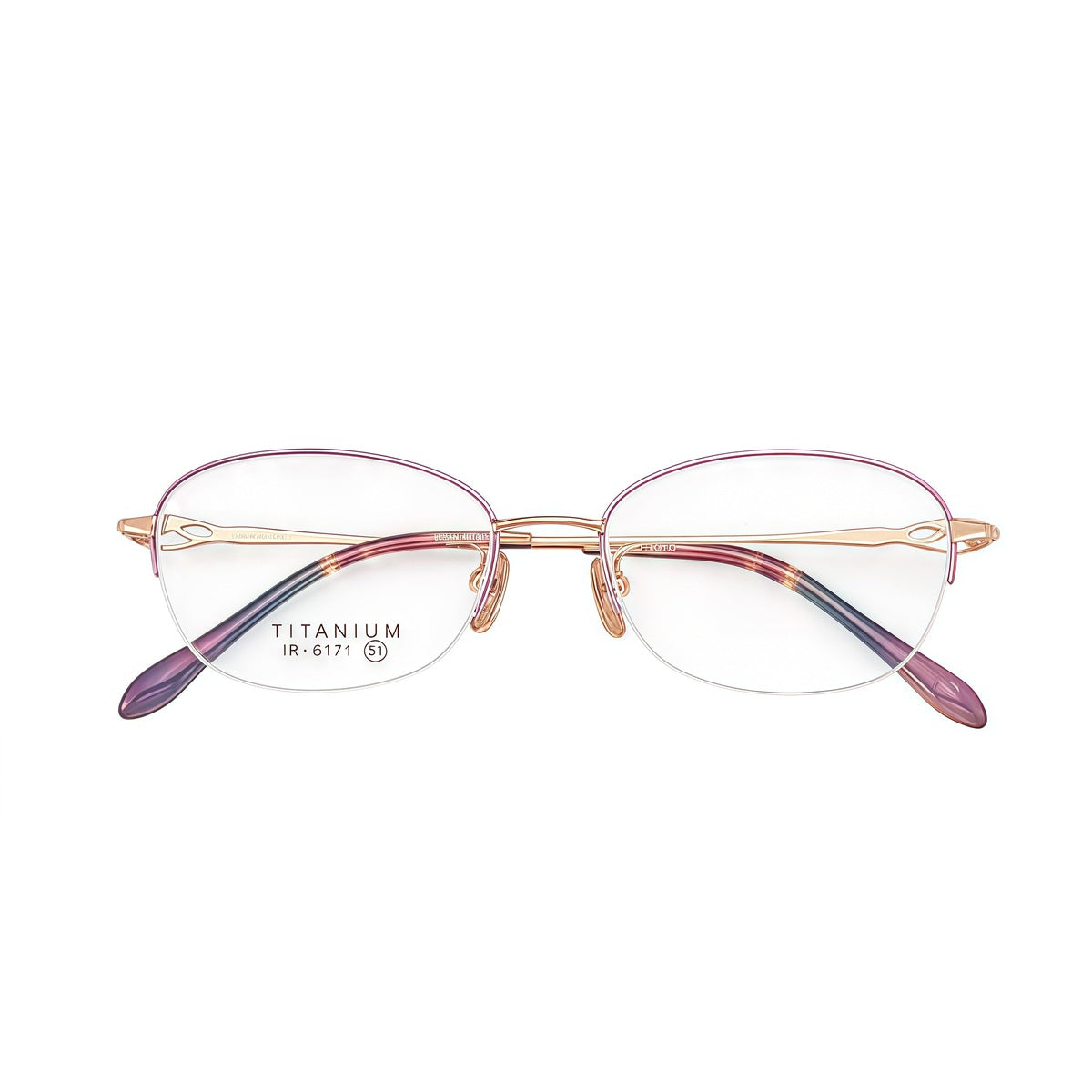 Purple/Rose Gold graceful pure-titanium semi-rimless glasses, front product view
