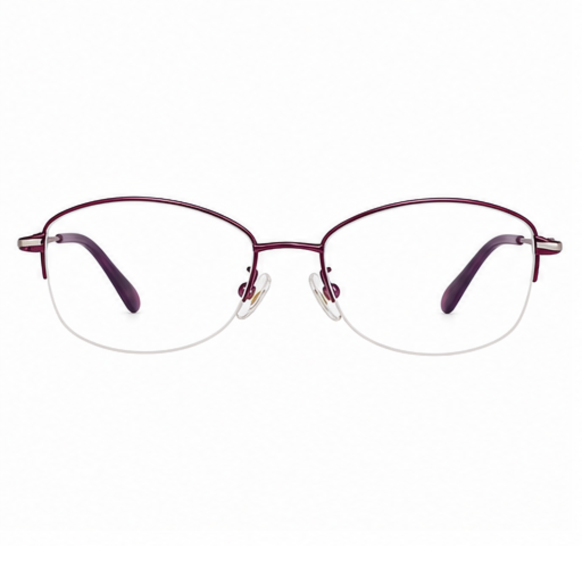 Purple women's elegant metal alloy semi-rimless glasses, front product view