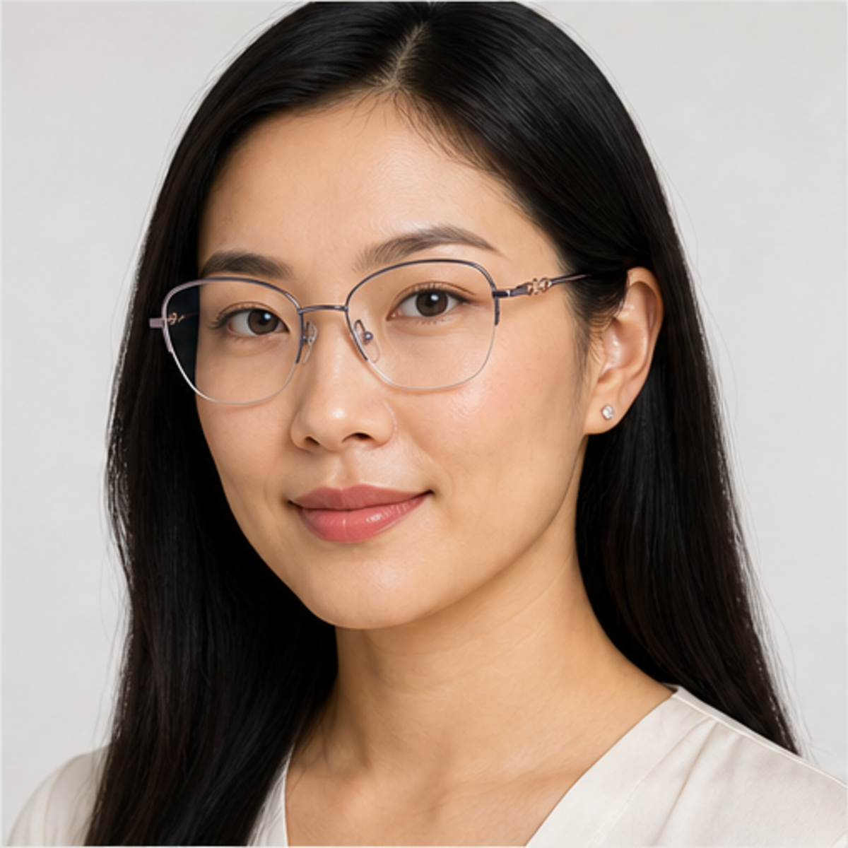 Purple women's pure titanium semi-rimless glasses worn by an adult East Asian Woman