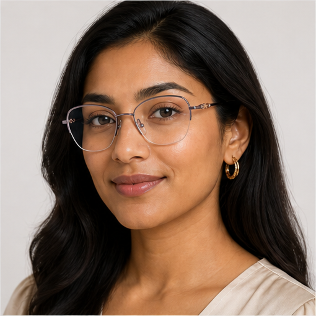 Purple women's pure titanium semi-rimless glasses worn by an adult South Asian Woman