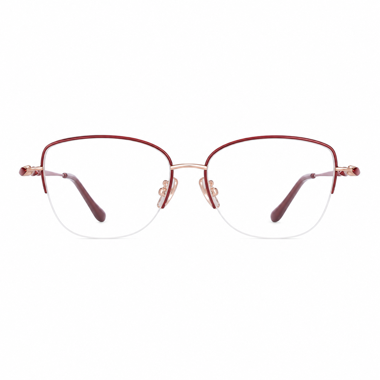 Red/Rose Gold pure titanium semi-rimless eyeglass frame, front product view
