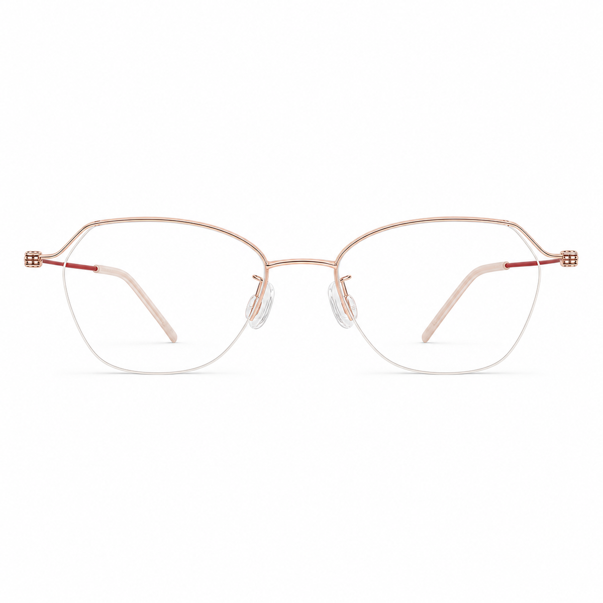 Red and rose-gold pure-titanium semi-rimless glasses, front product view