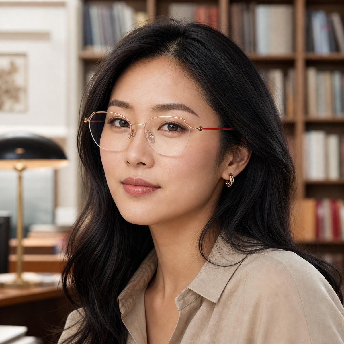 Red and rose-gold semi-rimless glasses worn by an adult East Asian woman in a library