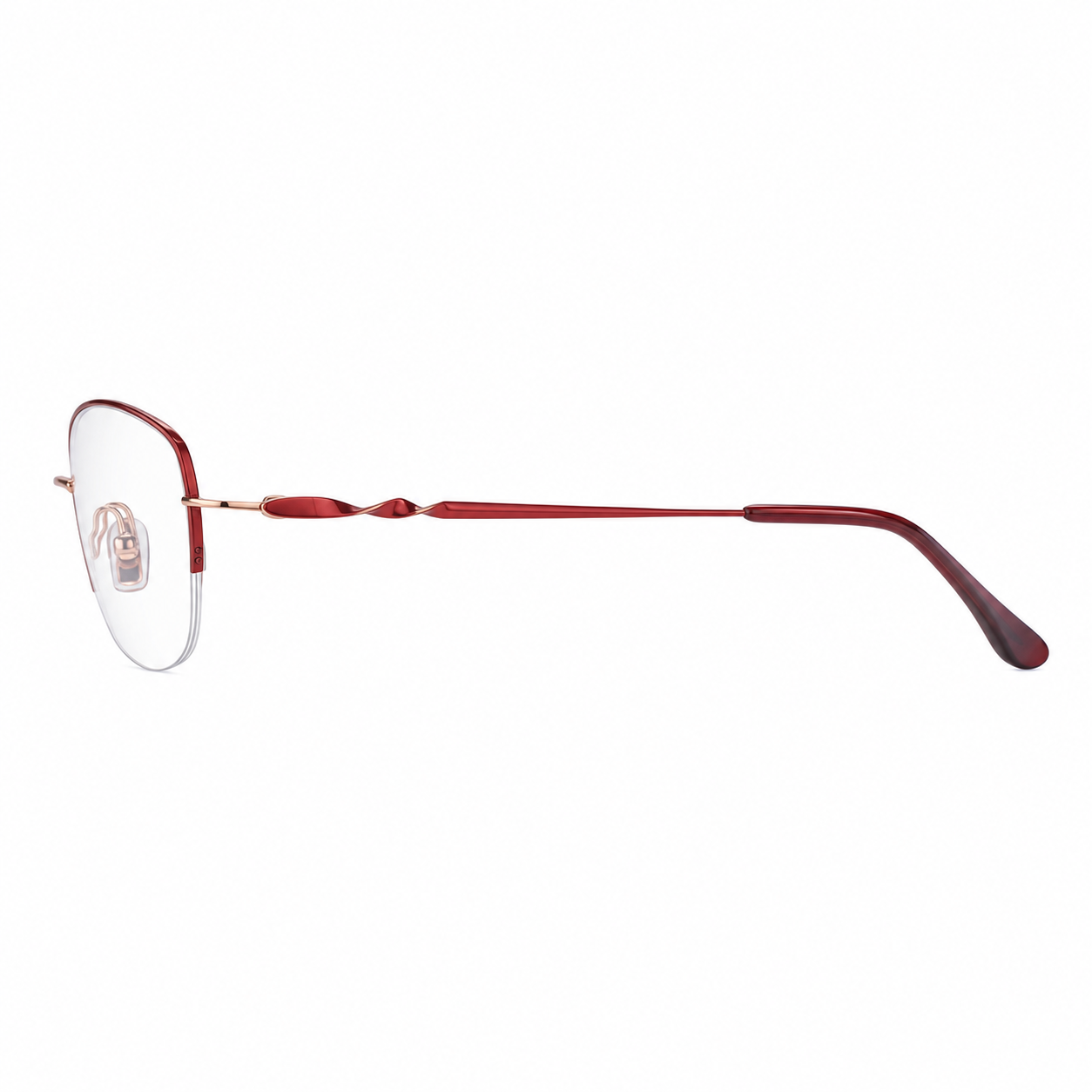 Red/Rose Gold pure titanium semi-rimless eyeglass frame, side-profile product view