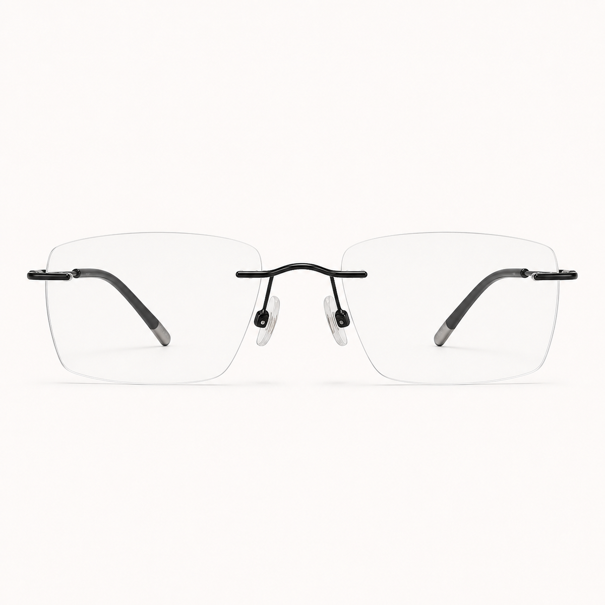 Black titanium rimless narrow rectangular eyeglasses, straight-on product view