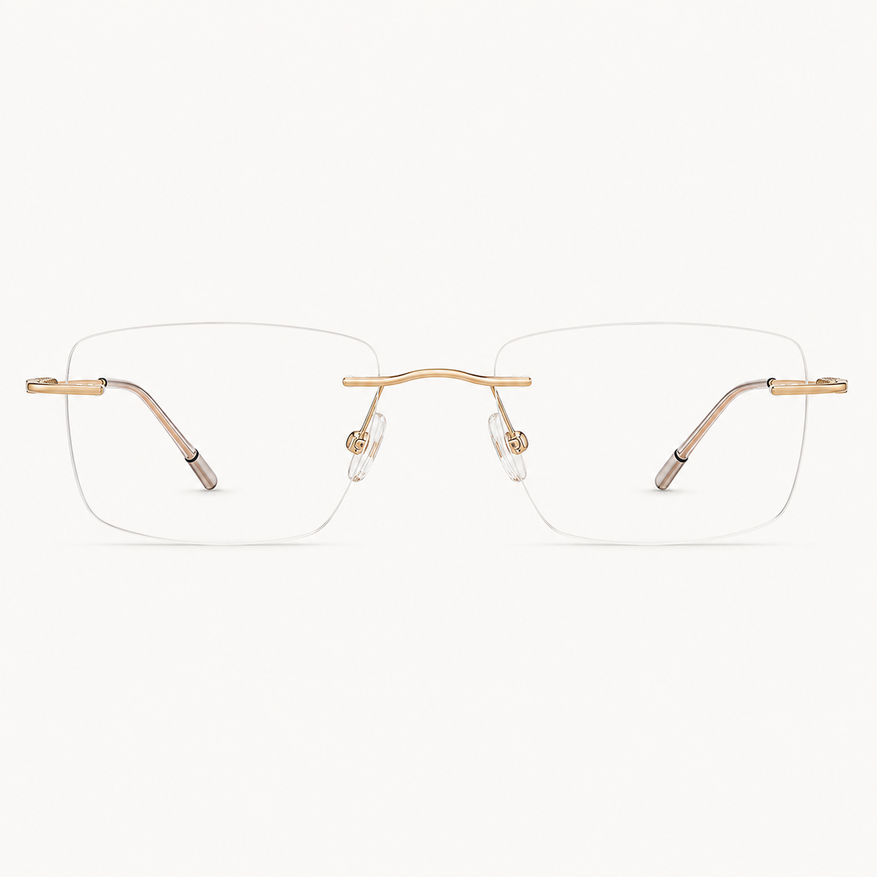 Gold titanium rimless narrow rectangular eyeglasses, straight-on product view