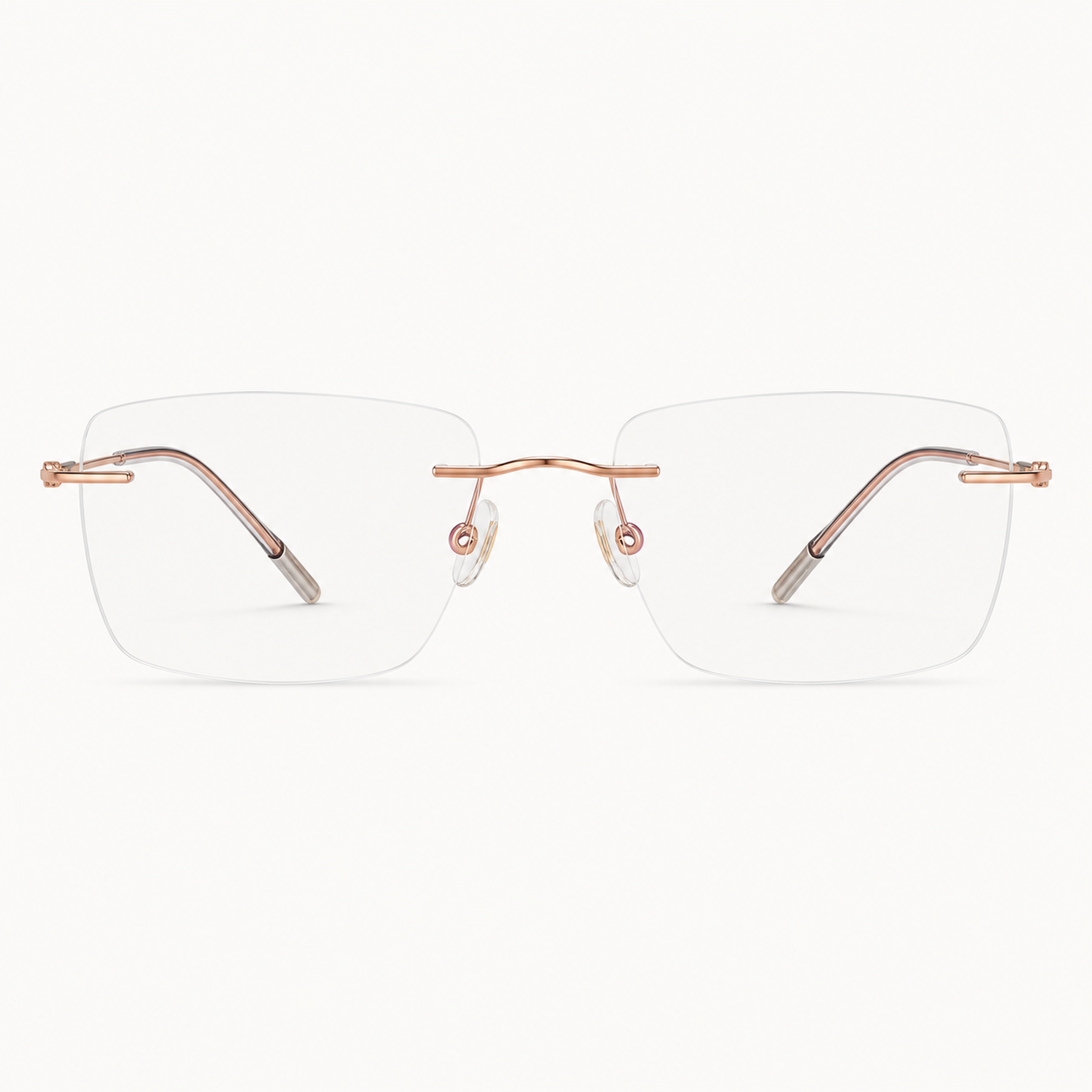 Rose Gold titanium rimless narrow rectangular eyeglasses, straight-on product view