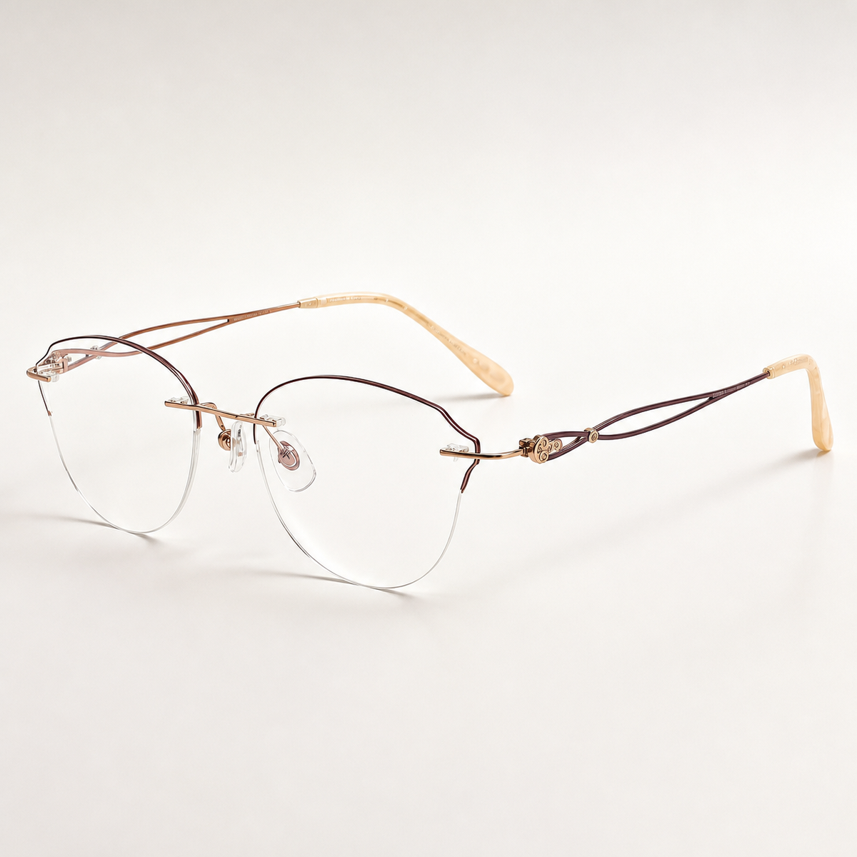 Rose Gold/Brown titanium rimless butterfly eyeglasses, 45-degree product view