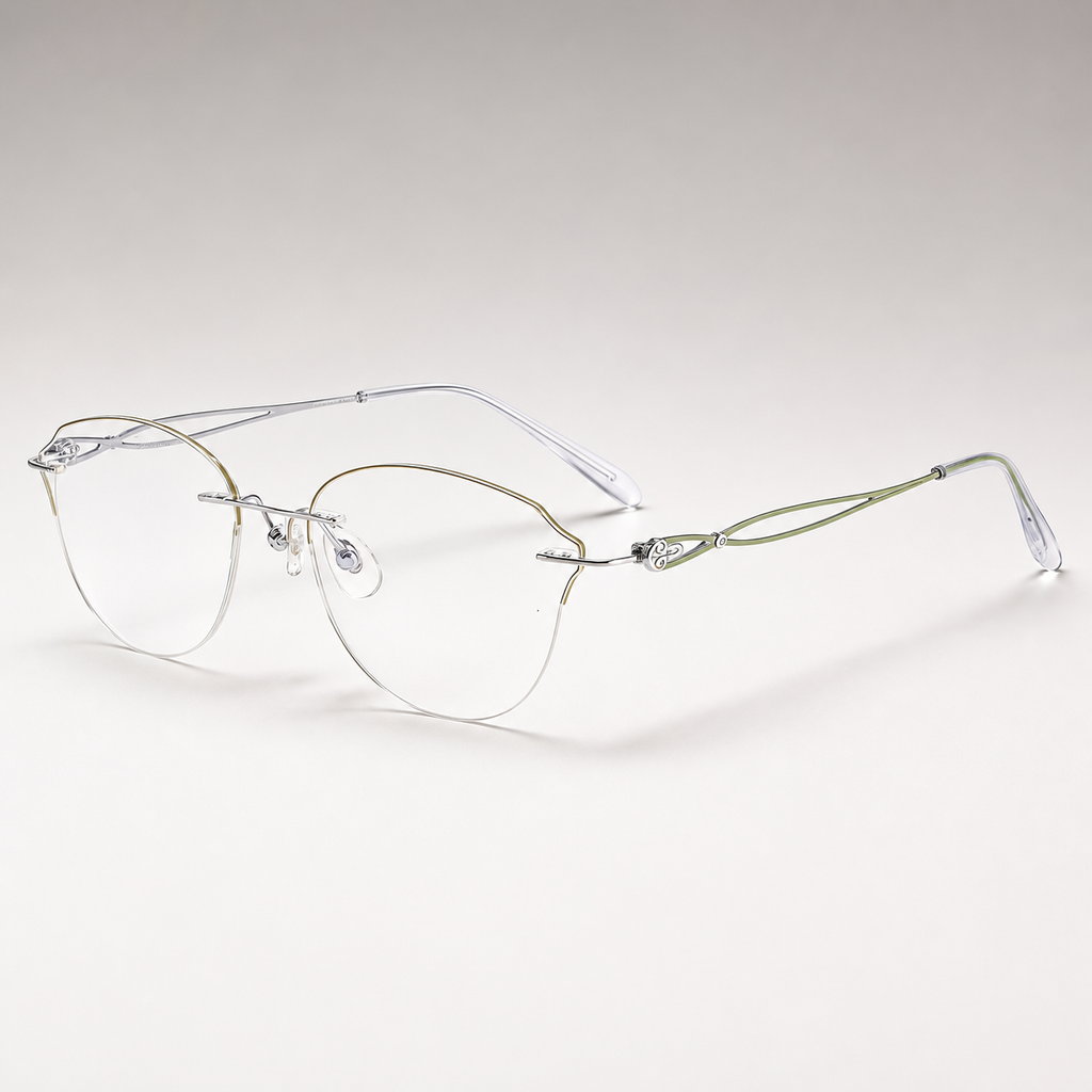 Silver/Green titanium rimless butterfly eyeglasses, 45-degree product view