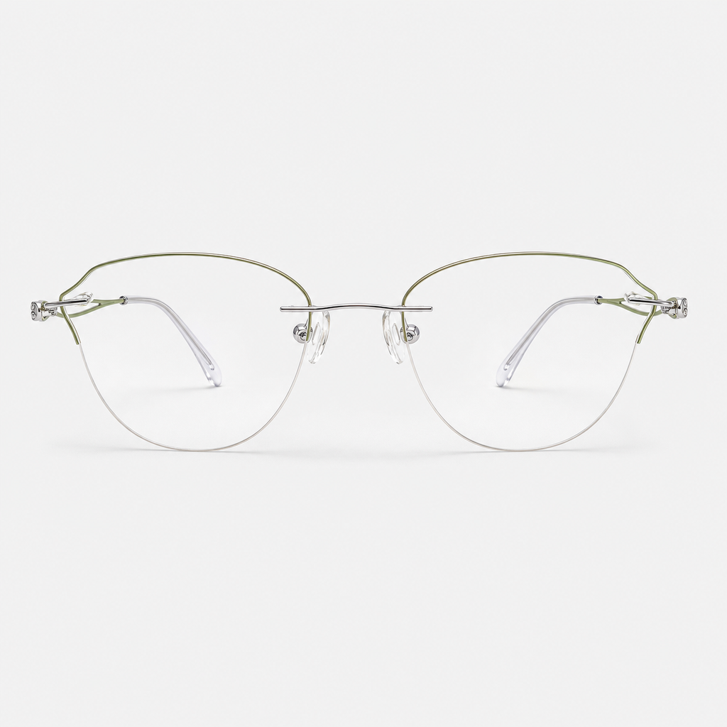 Silver/Green titanium rimless butterfly eyeglasses, straight-on product view