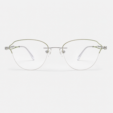 Silver/Green titanium rimless butterfly eyeglasses, straight-on product view