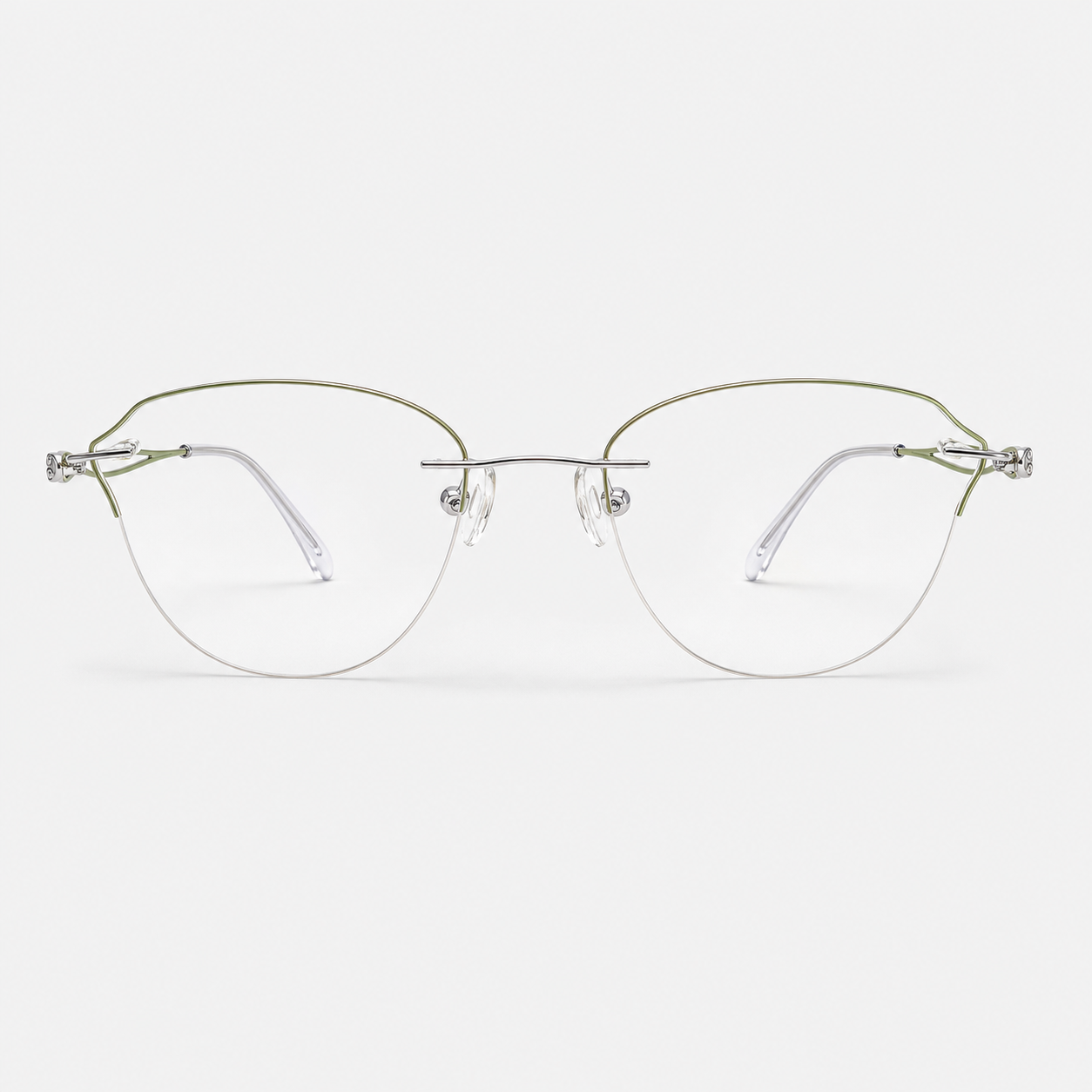 Silver/Green titanium rimless butterfly eyeglasses, straight-on product view