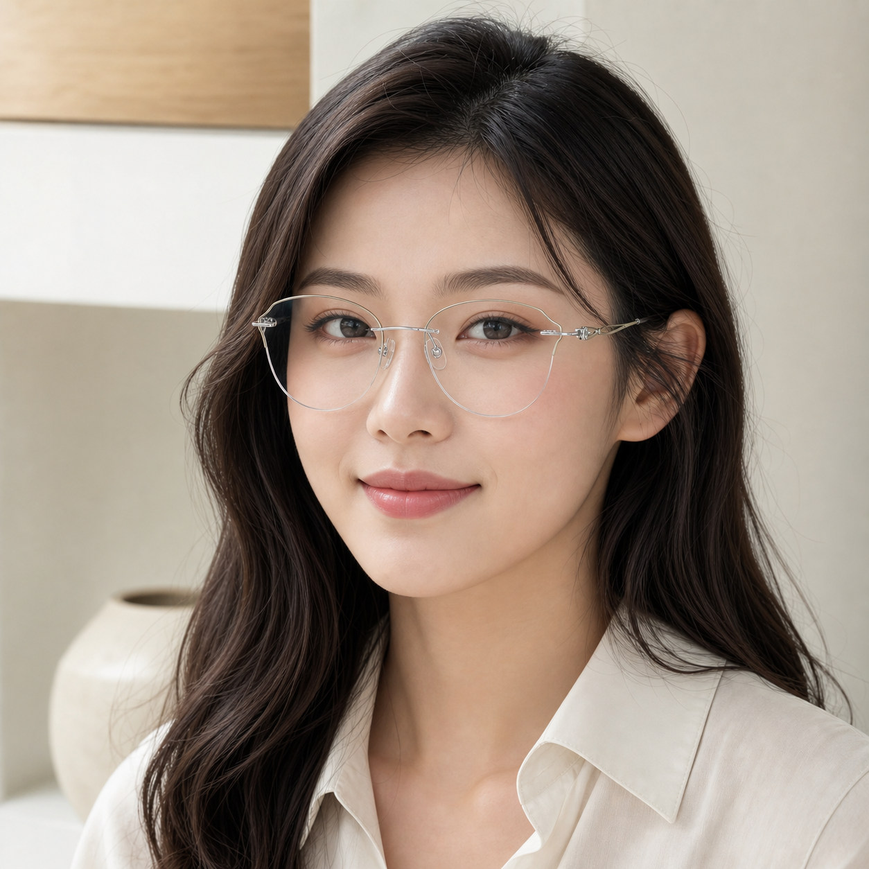 Silver/Green titanium rimless butterfly eyeglasses, three-quarter adult model fit