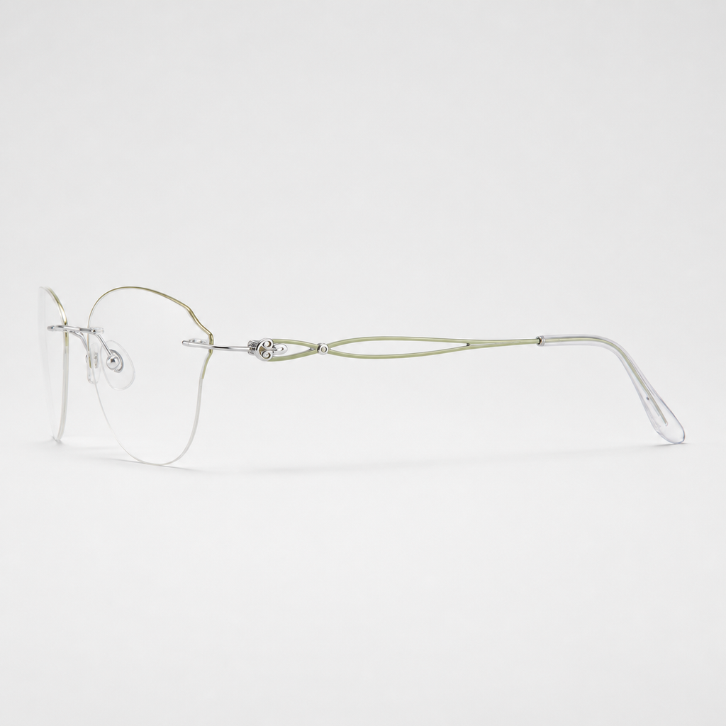 Silver/Green titanium rimless butterfly eyeglasses, side-profile product view