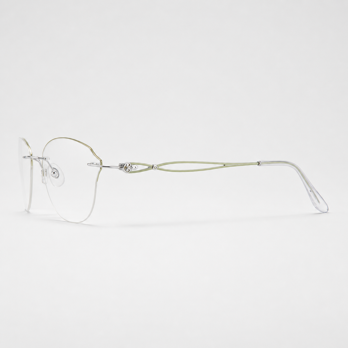 Silver/Green titanium rimless butterfly eyeglasses, side-profile product view