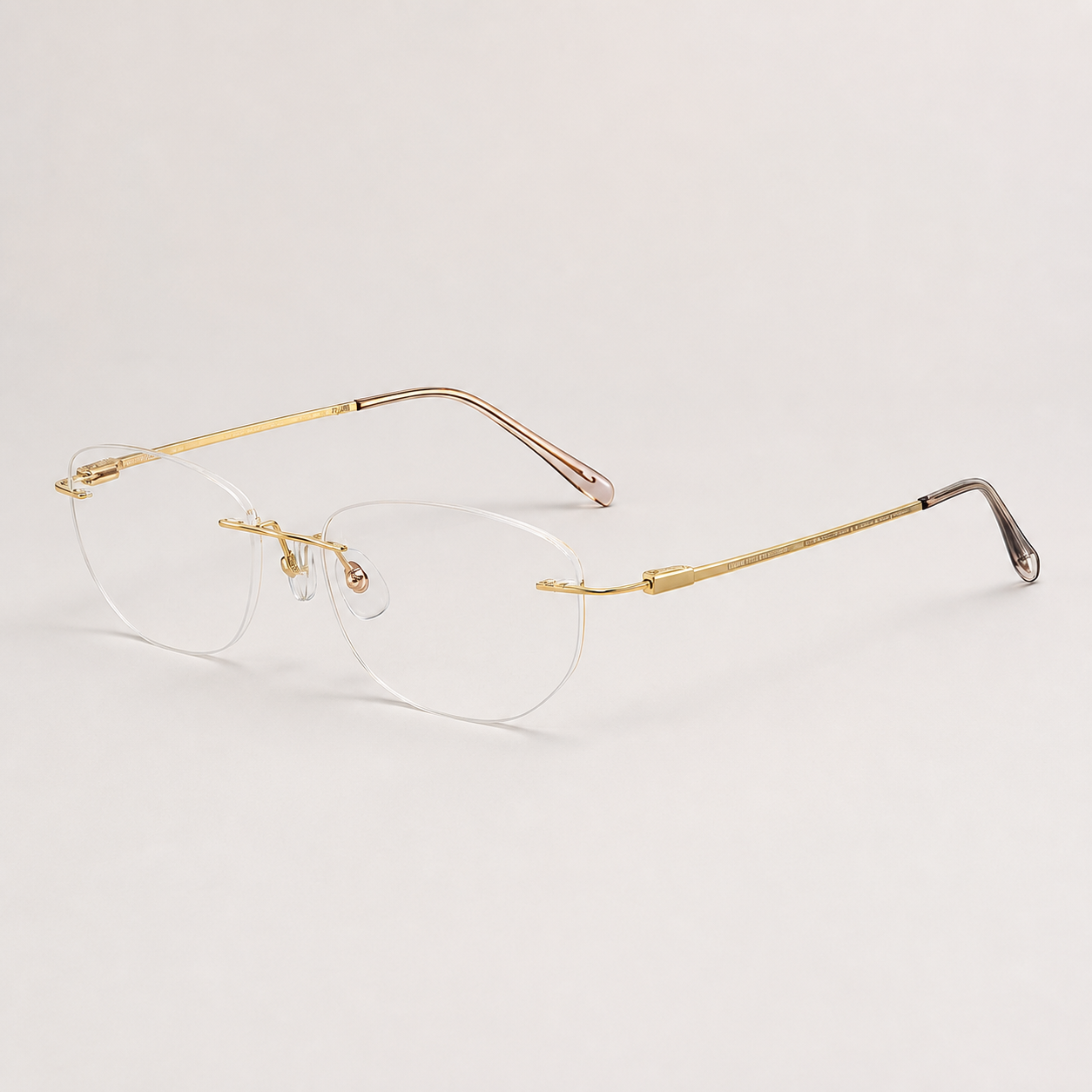 Gold titanium rimless round eyeglasses, 45-degree product view