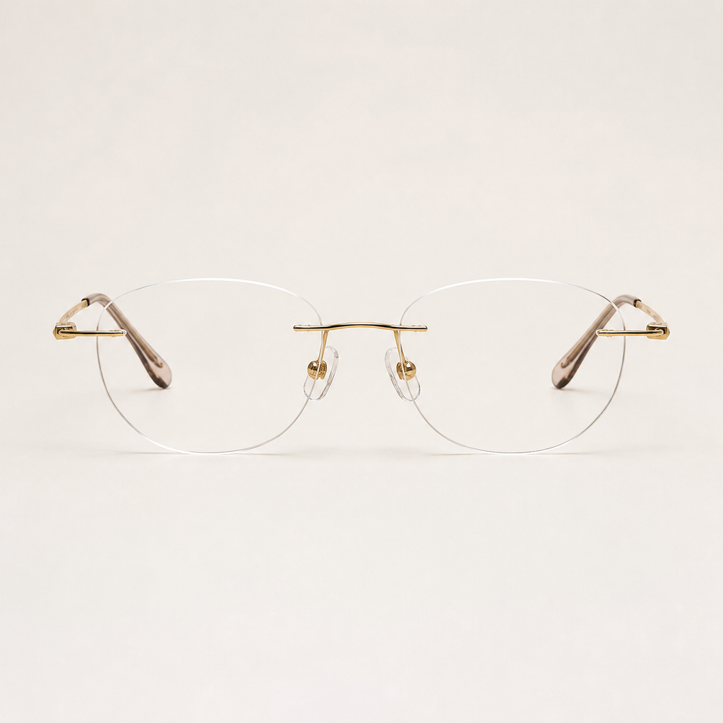 Gold titanium rimless round eyeglasses, straight-on product view