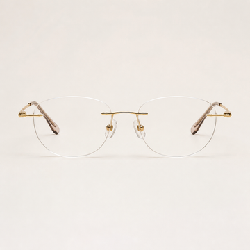 Gold titanium rimless round eyeglasses, straight-on product view