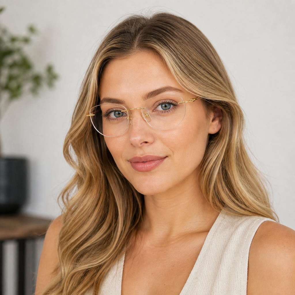 Gold titanium rimless round eyeglasses, front adult model fit