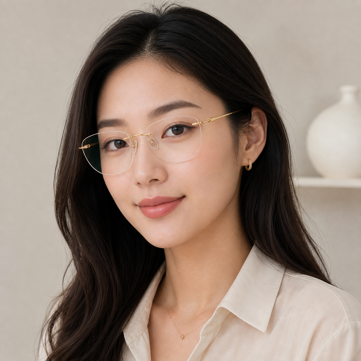 Gold titanium rimless round eyeglasses, three-quarter adult model fit
