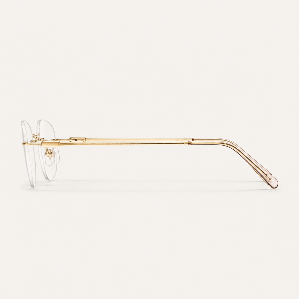 Gold titanium rimless round eyeglasses, side-profile product view