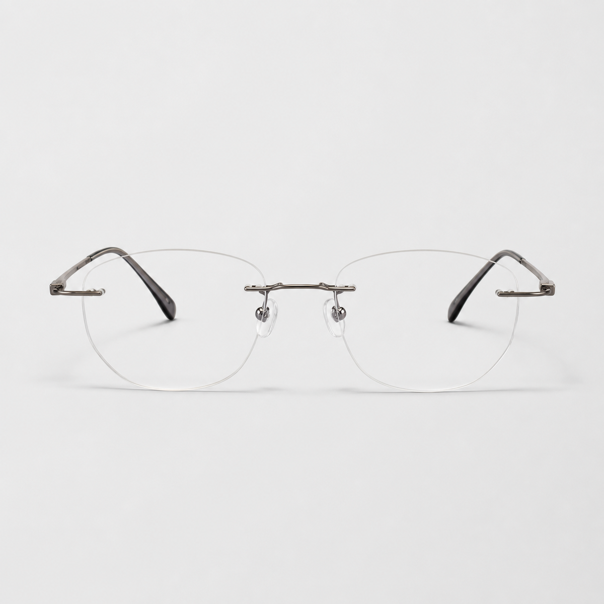 Gunmetal titanium rimless round eyeglasses, straight-on product view