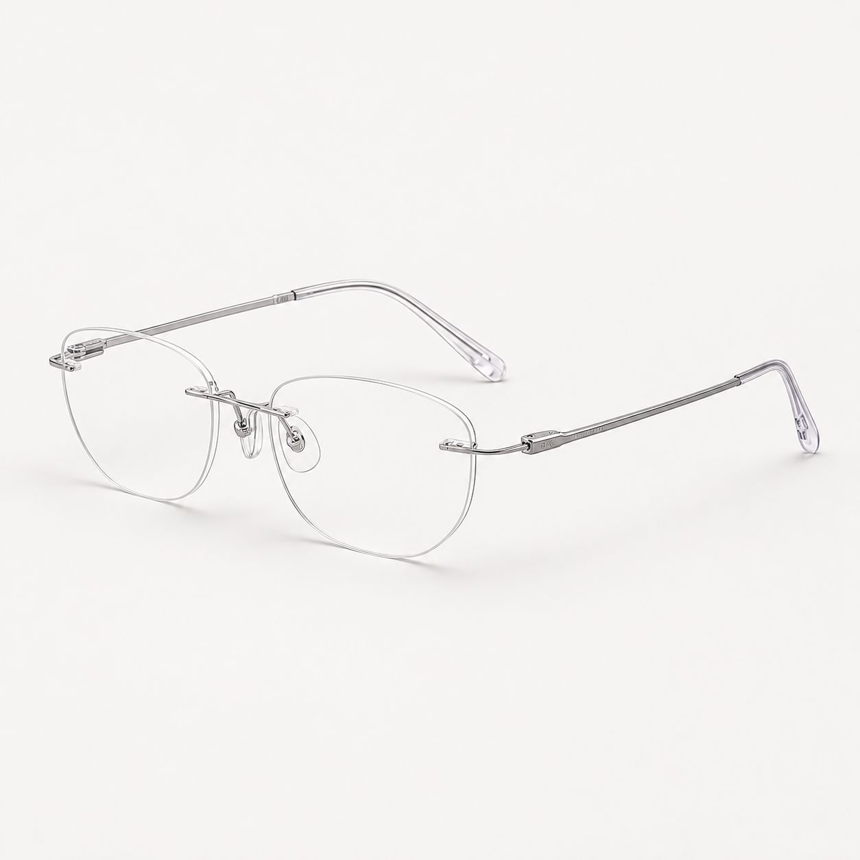 Silver titanium rimless round eyeglasses, 45-degree product view