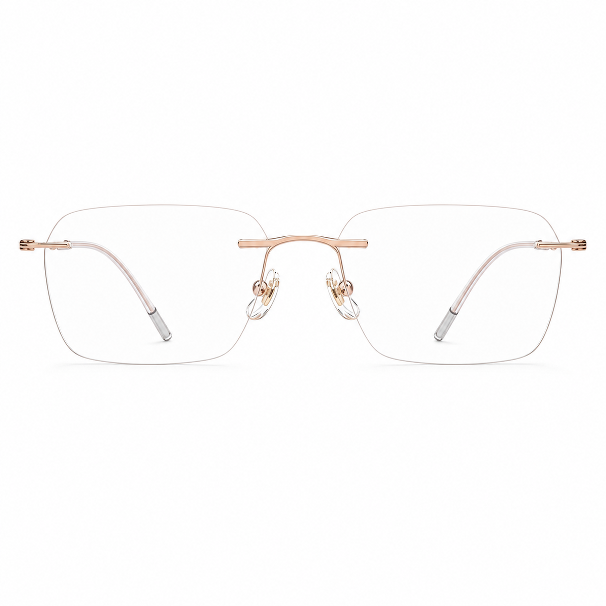Rose Gold titanium softly squared rimless glasses, front product view