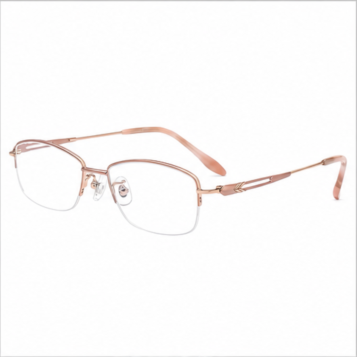 Rose Gold women's minimalist pure-titanium semi-rimless glasses, 45-degree product view