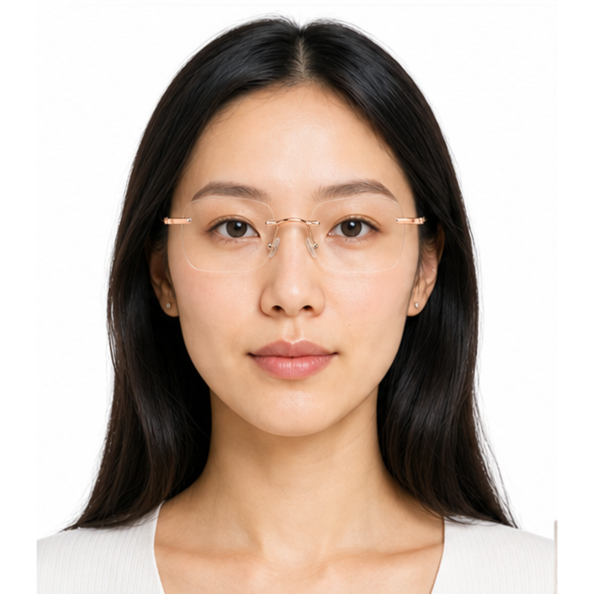 Rose Gold women's small-fit alloy rimless glasses worn by an adult East Asian Woman