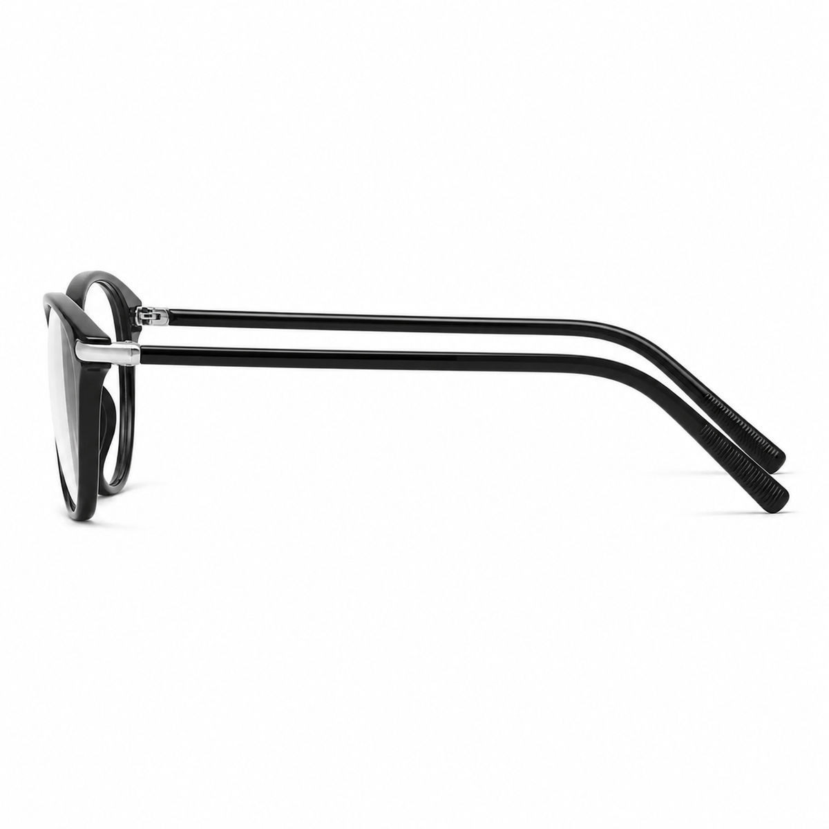 Glossy Black eyeglass frame, side-profile product view