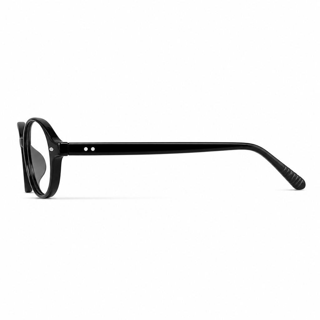 Glossy Black eyeglass frame, side-profile product view