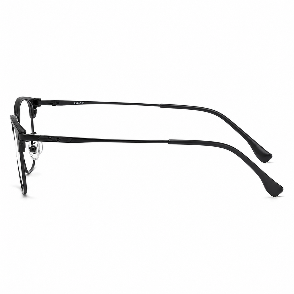 Black eyeglass frame, side-profile product view