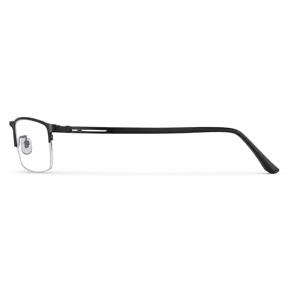 Black eyeglass frame, side-profile product view