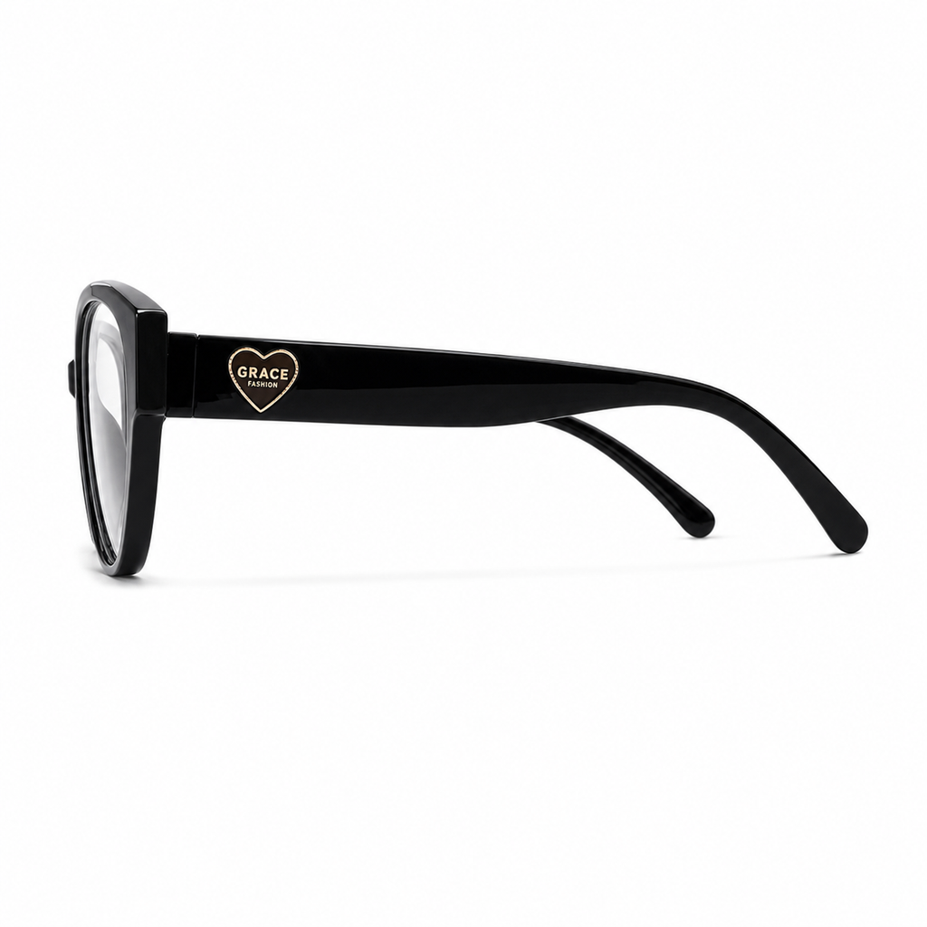 Black eyeglass frame, side-profile product view