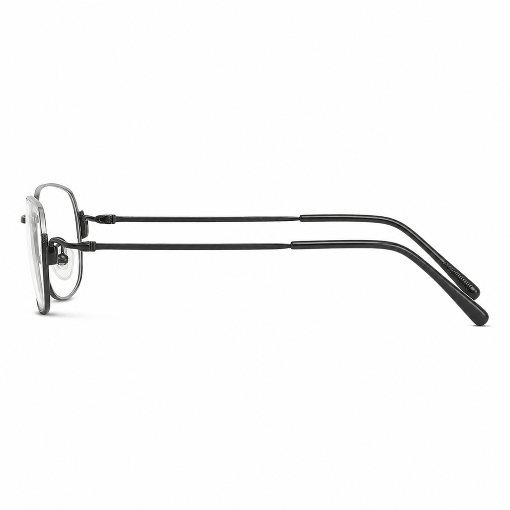 Black eyeglass frame, side-profile product view