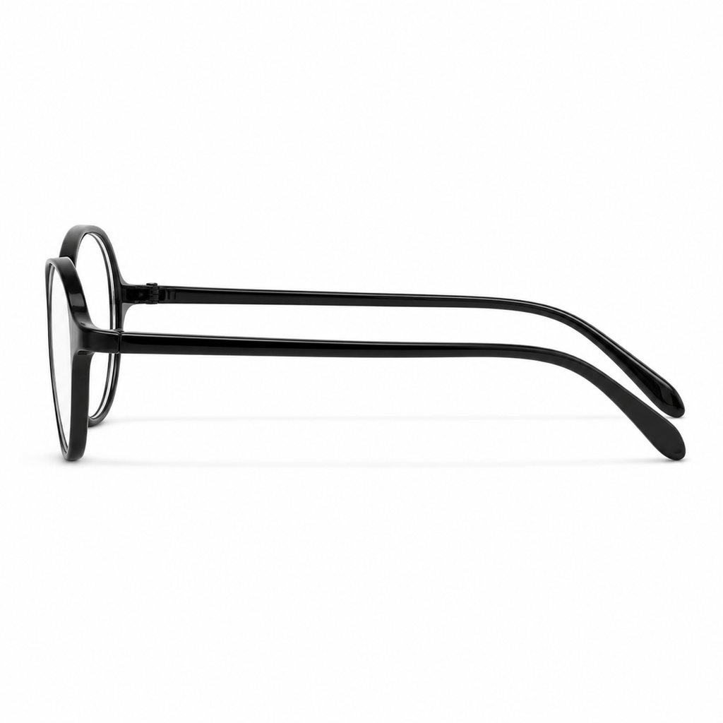 Glossy Black eyeglass frame, side-profile product view