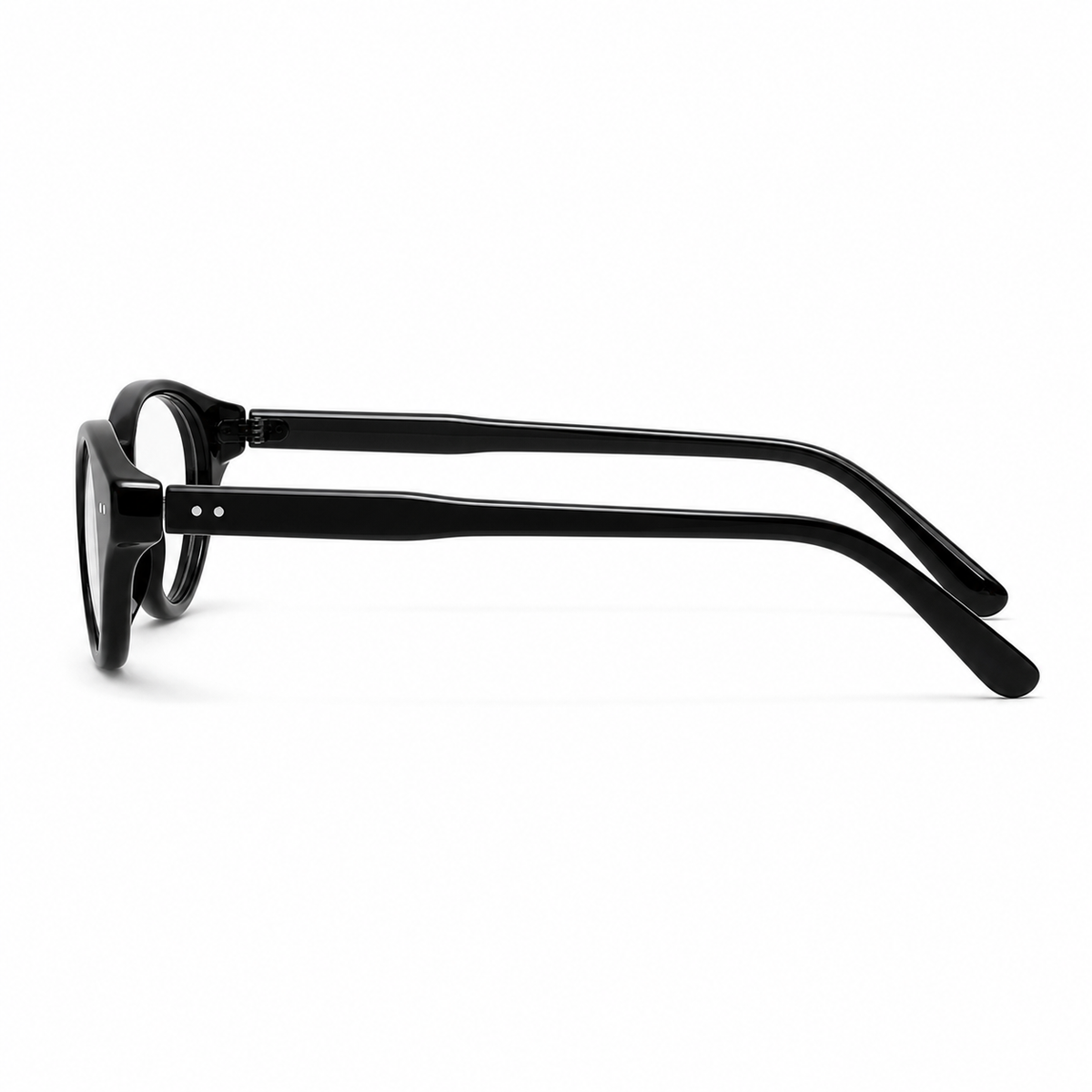 Glossy Black eyeglass frame, side-profile product view