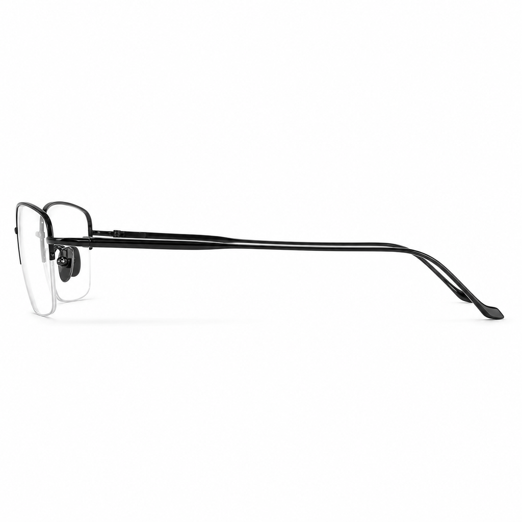 Black eyeglass frame, side-profile product view