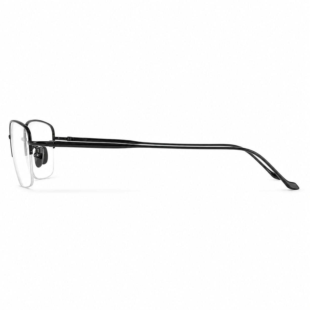 Black eyeglass frame, side-profile product view