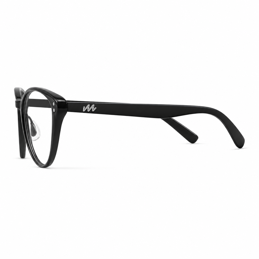 Glossy Black eyeglass frame, side-profile product view