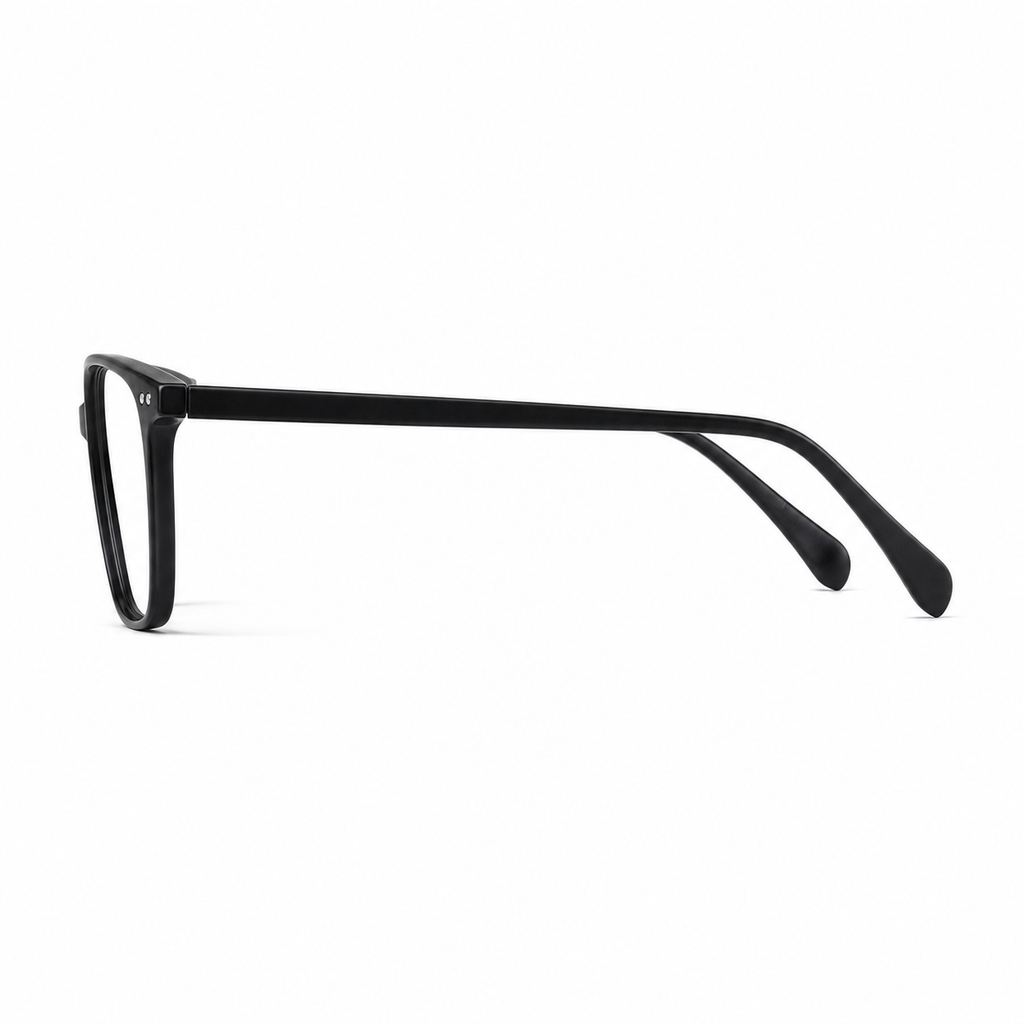 Black eyeglass frame, side-profile product view