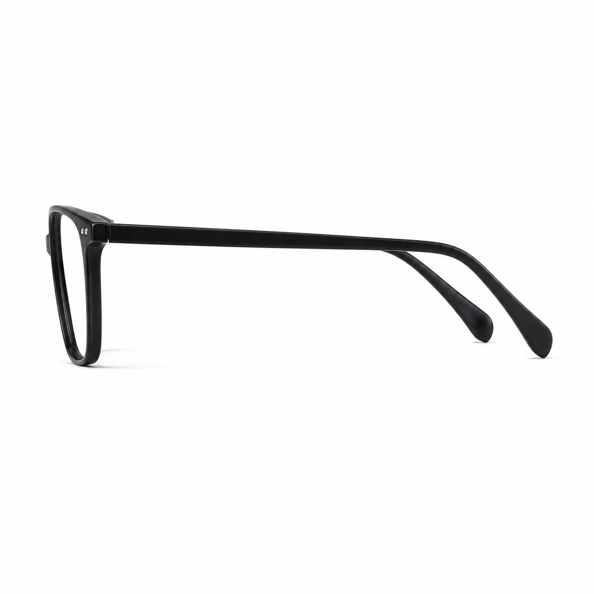 Black eyeglass frame, side-profile product view